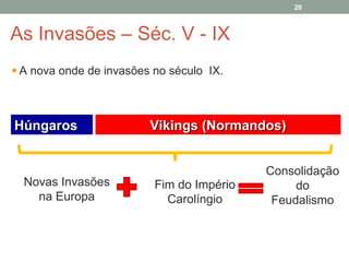 As Invasões – Séc. V - IX
A nova onde de invasões no século IX.
20
HúngarosHúngaros Vikings (Normandos)Vikings (Normandos)
Novas Invasões
na Europa
Fim do Império
Carolíngio
Consolidação
do
Feudalismo
Alta Idade Média – Entre os séculos V e X
 