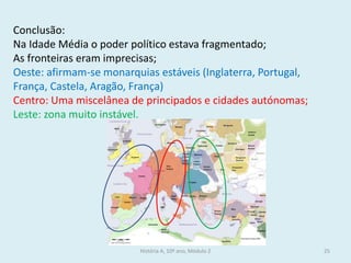 História A, 10º ano, Módulo 2 
25 
Conclusão: 
Na Idade Média o poder político estava fragmentado; 
As fronteiras eram imprecisas; 
Oeste: afirmam-se monarquias estáveis (Inglaterra, Portugal, França, Castela, Aragão, França) 
Centro: Uma miscelânea de principados e cidades autónomas; 
Leste: zona muito instável.  