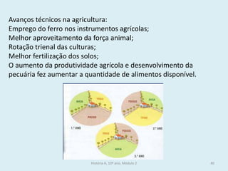 História A, 10º ano, Módulo 2 
40 
Avanços técnicos na agricultura: 
Emprego do ferro nos instrumentos agrícolas; 
Melhor aproveitamento da força animal; 
Rotação trienal das culturas; 
Melhor fertilização dos solos; 
O aumento da produtividade agrícola e desenvolvimento da pecuária fez aumentar a quantidade de alimentos disponível.  