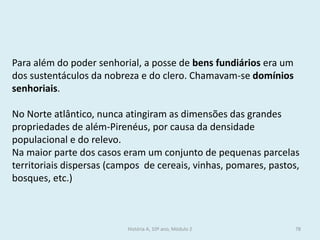 Para além do poder senhorial, a posse de bens fundiários era um dos sustentáculos da nobreza e do clero. Chamavam-se domínios senhoriais. 
No Norte atlântico, nunca atingiram as dimensões das grandes propriedades de além-Pirenéus, por causa da densidade populacional e do relevo. 
Na maior parte dos casos eram um conjunto de pequenas parcelas territoriais dispersas (campos de cereais, vinhas, pomares, pastos, bosques, etc.) 
História A, 10º ano, Módulo 2 
78  