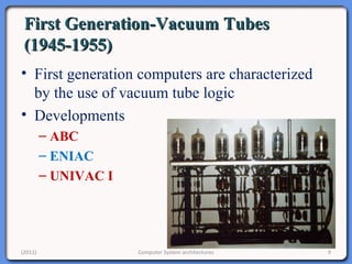 First Generation-Vacuum TubesFirst Generation-Vacuum Tubes
(1945-1955)(1945-1955)
• First generation computers are characterized
by the use of vacuum tube logic
• Developments
– ABC
– ENIAC
– UNIVAC I
9Computer System architectures(2011)
 