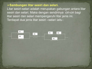 Sambungan litar sesiri dan selari.
Litar sesiri-selari adalah merupakan gabungan antara litar
sesiri dan selari. Maka dengan sendirinya ciri-ciri bagi
litar sesiri dan selari mempengaruhi litar jenis ini.
Terdapat dua jenis litar sesiri –selari iaitu :
R1
R2
R3
R3
R1 R2
 