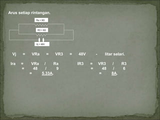 Arus setiap rintangan.
Ra = 9Ω
R3 = 6Ω
Vj = 48V
Vj = VRa = VR3 = 48V - litar selari.
Ira = VRa / Ra IR3 = VR3 / R3
= 48 / 9 = 48 / 6
= 5.33A. = 8A.
 