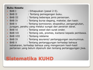 Sistematika KUHD
Buku Kesatu
 BAB I : Dihapuskan (pasal 2-5).
 BAB II : Tentang pemegangan buku.
 BAB III : Tentang beberapa jenis perseroan.
 BAB IV : Tentang bursa dagang, makelar, dan kasir.
 BAB V : Tentang komisioner, ekspeditur, pengangkutan,
juragan, perahu yang melalui sungai dan perairan darat.
 BAB VI : Tentang wesel dan surat onder.
 BAB VII : Tentang cek, promes, kwitansi kepada pembawa.
 BAB VIII : Tentang reklame
 BAB IX : Tentang asuransi/ pertanggungan seumumnya.
 BAB X : Tentang pertanggungan terhadap bahaya
kebakaran, terhadap bahaya yang mengancam hasil-hasil
pertanian yang belum dipenuhi dan tentang pertanggungan jiwa.
 