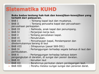 Sistematika KUHD
Buku kedua tentang hak-hak dan kewajiban-kewajiban yang
terbelit dari pelayaran.
 BAB I : Tentang kapal laut dan muatanya.
 BAB II : Tentang penusaha kapal dan perusahaan-
perusahaan perkapalan.
 BAB III : Nahkoda, anak kapal dan penumpang.
 BAB IV : Perjanjian kerja laut.
 BAB V : Tentang percetakan kapal.
 BAB VI : Penubrukan.
 BAB VII : Pencahayaan kapal, Pendamparan dan
diketemukannya barang di laut
 BAB VIII : Dihapusnya (pasal 569-591)
 BAB IX : Pertanggungan terhadap segala bahaya di laut dan
pembudakan.
 BAB X : Pertanggungan terhadap bahaya dalam
pengangkutan di daratan, di sungai dan pesisir daratan.
 BAB XI : Kerudian laut
 BAB XII : Berahirnya perikatan dalam perdagangan laut.
 BAB XIII : Perahu melalui sungai sungai dan perairan darat.
 