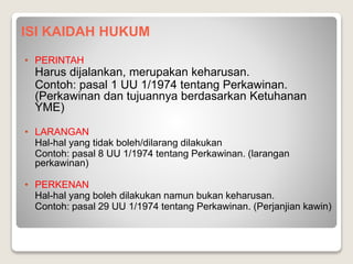 ISI KAIDAH HUKUM
• PERINTAH
Harus dijalankan, merupakan keharusan.
Contoh: pasal 1 UU 1/1974 tentang Perkawinan.
(Perkawinan dan tujuannya berdasarkan Ketuhanan
YME)
• LARANGAN
Hal-hal yang tidak boleh/dilarang dilakukan
Contoh: pasal 8 UU 1/1974 tentang Perkawinan. (larangan
perkawinan)
• PERKENAN
Hal-hal yang boleh dilakukan namun bukan keharusan.
Contoh: pasal 29 UU 1/1974 tentang Perkawinan. (Perjanjian kawin)
 
