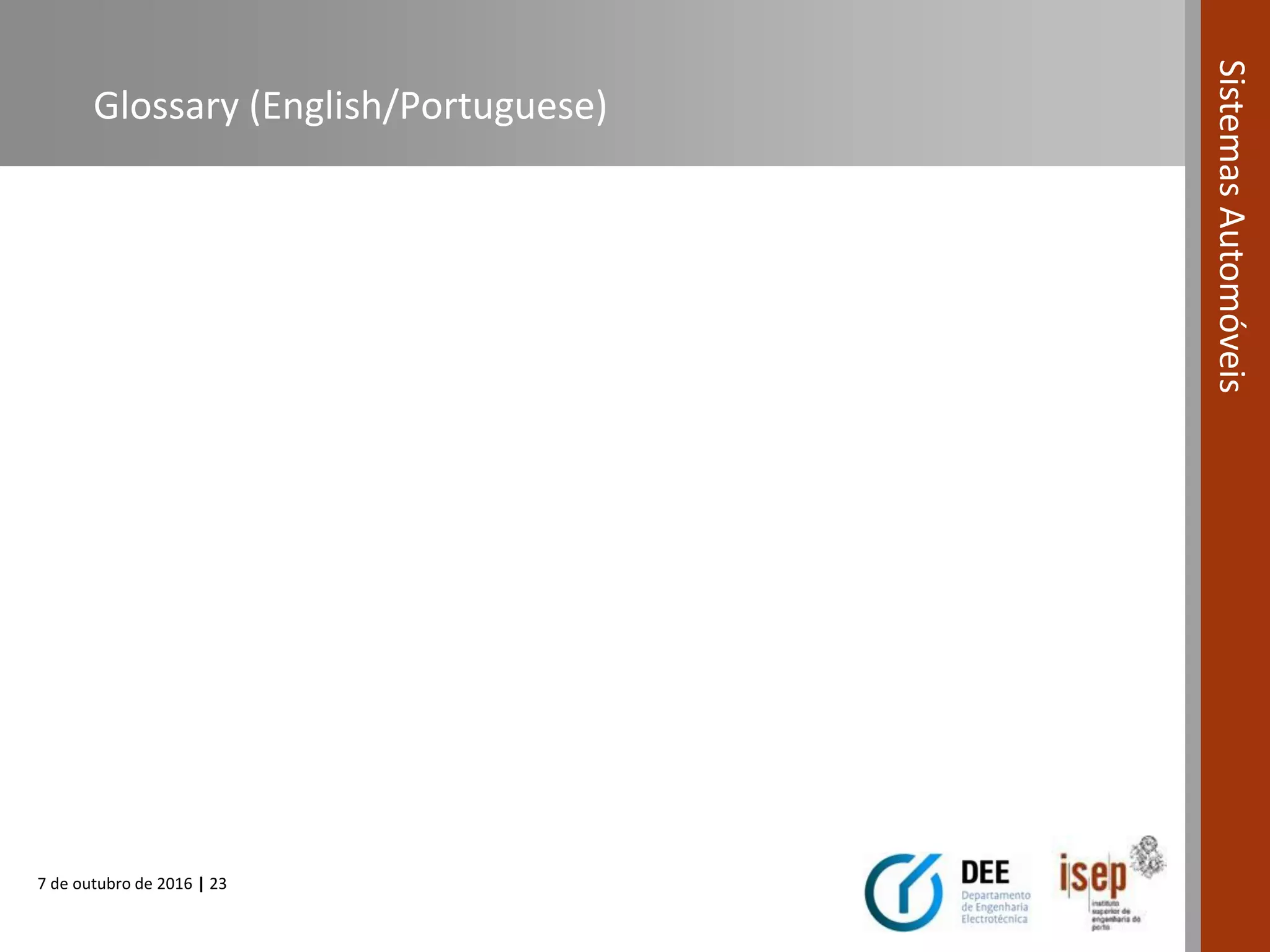 7 de outubro de 2016 | 23
SistemasAutomóveis
Glossary (English/Portuguese)
 