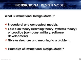 INSTRUCTIONAL DESIGN MODEL What is Instructional Design Model ? Procedural and conceptual models. Based on theory (learning theory, systems theory) or practice (company, military, software development). Give us structure and meaning to a problem. Examples of Instructional Design Model? 