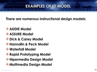 EXAMPLES OF ID MODEL There are numerous instructional design models: ADDIE Model  ASSURE Model  Dick & Carey Model  Hannafin & Peck Model  Waterfall Model  Rapid Prototyping Model  Hipermedia Design Model Multimedia Design Model 