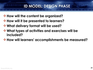 ID MODEL: DESIGN PHASE How will the content be organized?  How will it be presented to learners?  What delivery format will be used?  What types of activities and exercises will be included?  How will learners' accomplishments be measured? 