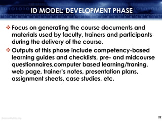 ID MODEL: DEVELOPMENT PHASE Focus on generating the course documents and materials used by faculty, trainers and participants during the delivery of the course. Outputs of this phase include competency-based learning guides and checklists, pre- and midcourse questionnaires,computer based learning/traning, web page, trainer’s notes, presentation plans, assignment sheets, case studies, etc. 