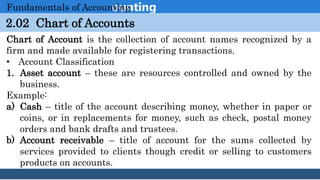 Introduction to Accounting
2.02 Chart of Accounts
Fundamentals of Accounting
Chart of Account is the collection of account names recognized by a
firm and made available for registering transactions.
• Account Classification
1. Asset account – these are resources controlled and owned by the
business.
Example:
a) Cash – title of the account describing money, whether in paper or
coins, or in replacements for money, such as check, postal money
orders and bank drafts and trustees.
b) Account receivable – title of account for the sums collected by
services provided to clients though credit or selling to customers
products on accounts.
 