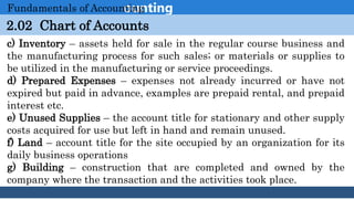 Introduction to Accounting
2.02 Chart of Accounts
Fundamentals of Accounting
c) Inventory – assets held for sale in the regular course business and
the manufacturing process for such sales; or materials or supplies to
be utilized in the manufacturing or service proceedings.
d) Prepared Expenses – expenses not already incurred or have not
expired but paid in advance, examples are prepaid rental, and prepaid
interest etc.
e) Unused Supplies – the account title for stationary and other supply
costs acquired for use but left in hand and remain unused.
f) Land – account title for the site occupied by an organization for its
daily business operations
g) Building – construction that are completed and owned by the
company where the transaction and the activities took place.
 