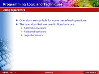 Installing WindowsLogic and Techniques
Programming XP Professional Using Attended Installation
Using Operators


                Operators are symbols for some predefined operations.
                The operators that are used in flowcharts are:
                   Arithmetic operators
                   Relational operators
                   Logical operators




     Ver. 1.0                         Session 2                    Slide 12 of 35
 