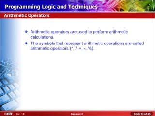 Installing WindowsLogic and Techniques
Programming XP Professional Using Attended Installation
Arithmetic Operators


                Arithmetic operators are used to perform arithmetic
                calculations.
                The symbols that represent arithmetic operations are called
                arithmetic operators (*, /, +, -, %).




     Ver. 1.0                       Session 2                        Slide 13 of 35
 