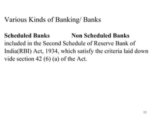 Various Kinds of Banking/ Banks  Scheduled Banks  Non Scheduled Banks included in the Second Schedule of Reserve Bank of  India(RBI) Act, 1934, which satisfy the criteria laid down  vide section 42 (6) (a) of the Act. 