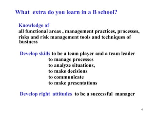 What  extra do you learn in a B school?  Knowledge of   all functional areas , management practices, processes,  risks and risk management tools and techniques of  business  Develop skills  to be a team player and a team leader to manage processes to analyze situations, to make decisions to communicate  to make presentations Develop right  attitudes   to be a successful  manager   