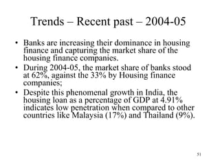 Trends – Recent past – 2004-05 Banks are increasing their dominance in housing finance and capturing the market share of the housing finance companies.  During 2004-05, the market share of banks stood at 62%, against the 33% by Housing finance companies;  Despite this phenomenal growth in India, the housing loan as a percentage of GDP at 4.91% indicates low penetration when compared to other countries like Malaysia (17%) and Thailand (9%).  