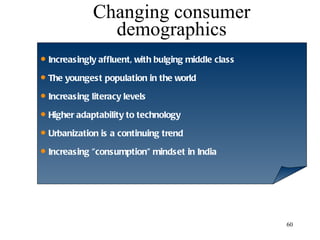 Changing consumer demographics Increasingly affluent, with bulging middle class  The youngest population in the world Increasing literacy levels Higher adaptability to technology Urbanization is a continuing trend Increasing "consumption" mindset in India 