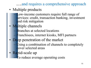 … and requires a comprehensive approach Multiple products Low-income customers require full range of services: credit, transaction banking, investment and risk mitigation Multiple channels Branches at selected locations Franchisees, internet kiosks, MFI partners Deep penetration of the market Using a combination of channels to completely cover selected areas Rapid-scale up To reduce average operating costs 