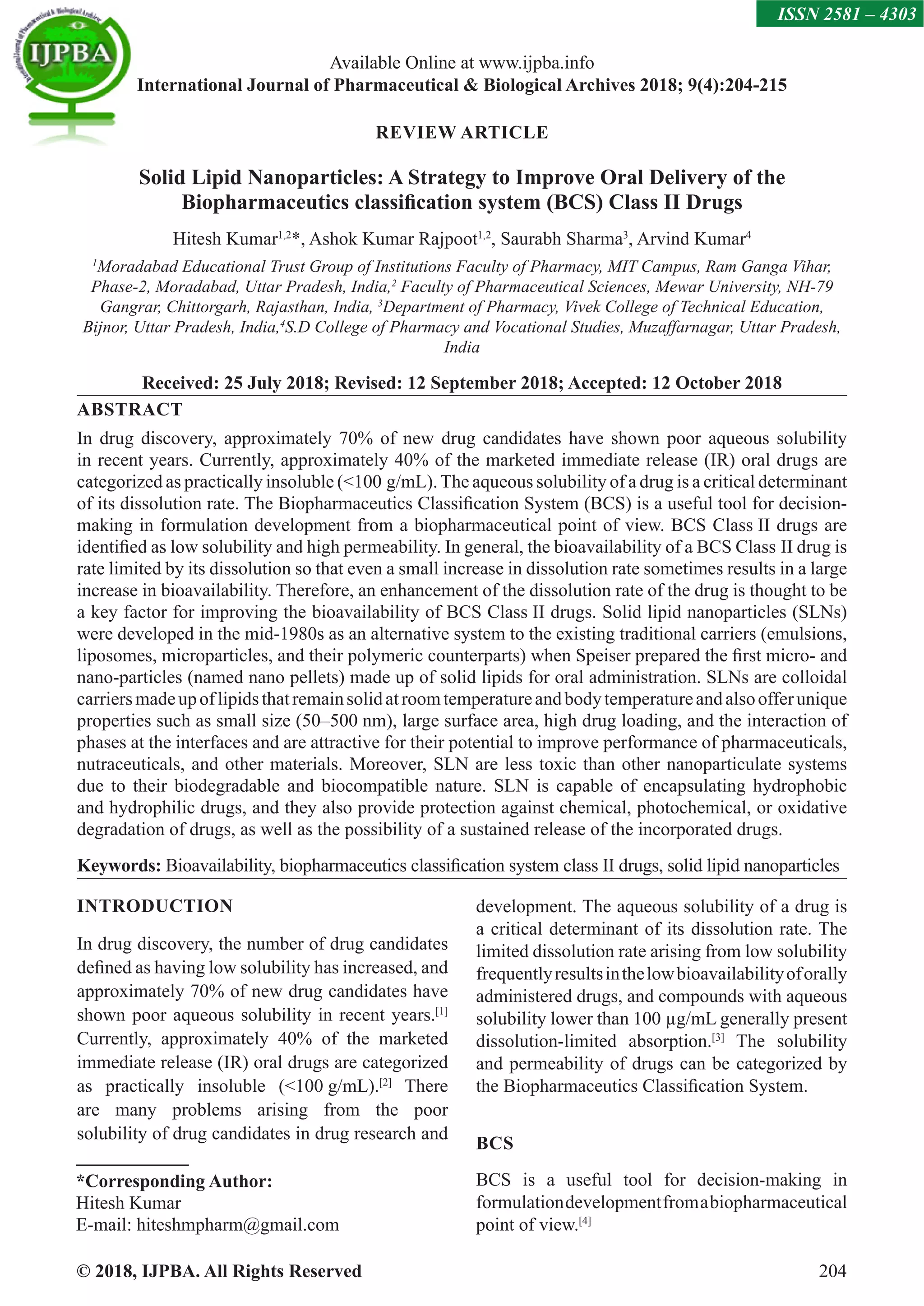 Solid Lipid Nanoparticles: A Strategy to Improve Oral Delivery of the ...
