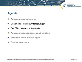 Agenda
Anforderungen aufnehmen
Dokumentieren von Anforderungen
Der Effekt von Akzeptanztests

Anforderungen vermessen und validieren
Verwalten von Anforderungen
Zusammenfassung

Garbage in - garbage out: Wie das Anforderungsmanagement die Softwarequalität beeinflusst

Seite 19 / 76

 