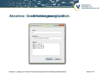 … war nicht testet und …
Abnahme: Der Nikolausganz glücklich.

Garbage in - garbage out: Wie das Anforderungsmanagement die Softwarequalität beeinflusst

Seite 36 / 76

 