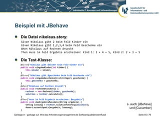 Beispiel mit JBehave
Die Datei nikolaus.story:
Given Nikolaus gibt 2 beim Feld Kinder ein
Given Nikolaus gibt 1,2,3,4 beim Feld Geschenke ein
When Nikolaus auf Rechnen drueckt
Then muss im Feld Ergebnis erscheinen: Kind 1: 1 + 4 = 5, Kind 2: 2 + 3 = 5

Die Test-Klasse:
@Given("Nikolaus gibt $kinder beim Feld Kinder ein")
public void eingabeKinder(int kinder) {
this.kinder = kinder;
}
@Given("Nikolaus gibt $geschenke beim Feld Geschenke ein")
public void eingabeGeschenke(List<Integer> geschenke) {
this.geschenke = geschenke;
}
@When("Nikolaus auf Rechnen drueckt")
public void rechnenDruecken() {
rechner = new Rechner(kinder, geschenke);
solution = rechner.calculate();
}
@Then("muss im Feld Ergebnis erscheinen: $ergebnis")
public void dasErgebnisMussSein(String ergebnis) {
String loesung = rechner.solutionToString(solution);
Assert.assertEquals(ergebnis, loesung);
}
Garbage in - garbage out: Wie das Anforderungsmanagement die Softwarequalität beeinflusst

s. auch [JBehave]
und [Cucumber]
Seite 45 / 76

 