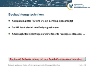 Beobachtungstechniken
Apprenticing: Der RE wird wie ein Lehrling eingearbeitet
Der RE lernt hierbei den Fachjargon kennen
Arbeitsschritte hinterfragen und ineffiziente Prozesse entdecken! ...

Die (neue) Software ist eng mit den Geschäftsprozessen verwoben
Garbage in - garbage out: Wie das Anforderungsmanagement die Softwarequalität beeinflusst

Seite 8 / 76

 