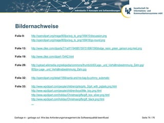 Bildernachweise
Folie 9:

http://openclipart.org/image/800px/svg_to_png/169415/discussion.png
http://openclipart.org/image/800px/svg_to_png/169418/go-round.png

Folie 13:

http://www.clker.com/cliparts/7/1/a/f/11949851591518961590dodge_neon_green_ganson.svg.med.png

Folie 19:

http://www.clker.com/clipart-15442.html

Folie 29:

http://upload.wikimedia.org/wikipedia/commons/thumb/d/d0/Lage-_und_Verhältnisbestimmung_Zahn.jpg/
800px-Lage-_und_Verhältnisbestimmung_Zahn.jpg

Folie 32:

http://openclipart.org/detail/1956/santa-and-his-bag-by-johnny_automatic

Folie 33:

http://www.wpclipart.com/people/children/girls/girls_3/girl_with_pigtails.png.html
http://www.wpclipart.com/people/children/boys/little_boy.png.html
http://www.wpclipart.com/holiday/Christmas/gifts/gift_box_silver.png.html
http://www.wpclipart.com/holiday/Christmas/gifts/gift_black.png.html
…

Garbage in - garbage out: Wie das Anforderungsmanagement die Softwarequalität beeinflusst

Seite 74 / 76

 