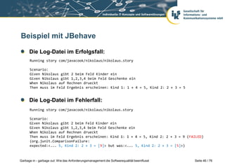 Beispiel mit JBehave
Die Log-Datei im Erfolgsfall:
Running story com/javacook/nikolaus/nikolaus.story
Scenario:
Given Niko...