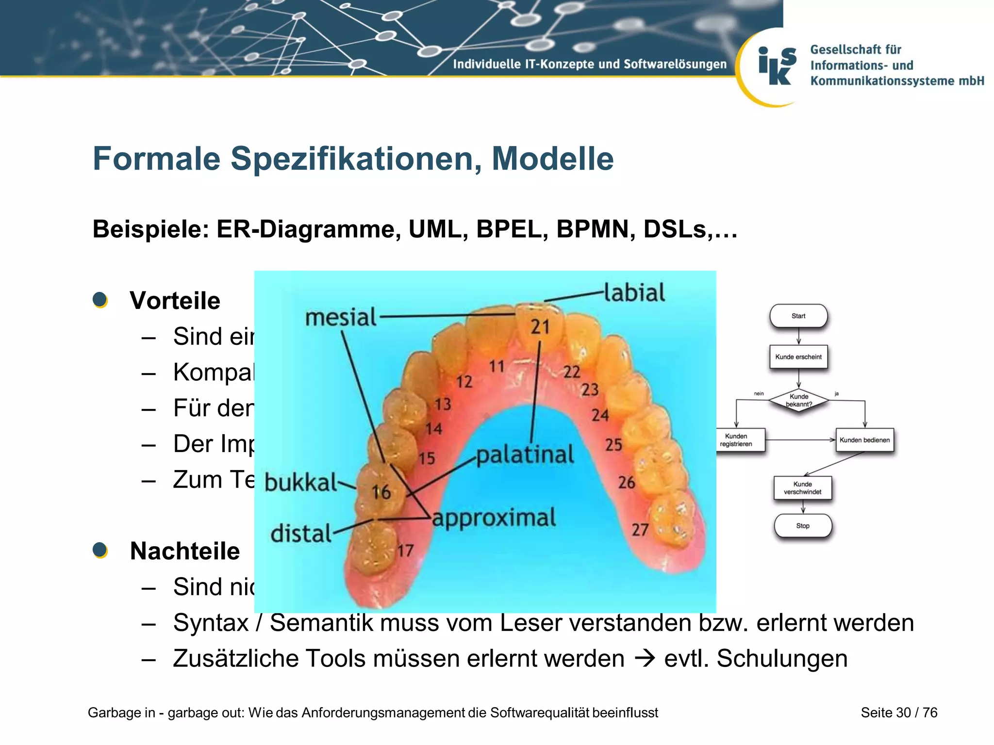 Seite 30 / 76Garbage in - garbage out: Wie das Anforderungsmanagement die Softwarequalität beeinflusst
Formale Spezifikationen, Modelle
Beispiele: ER-Diagramme, UML, BPEL, BPMN, DSLs,…
Vorteile
– Sind eindeutiger und aussagekräftiger
– Kompaktere übersichtliche Darstellung
– Für den geübten Leser verständlicher
– Der Implementierung bereits viel näher
– Zum Teil lässt sich Code daraus generieren
Nachteile
– Sind nicht universell einsetzbar
– Syntax / Semantik muss vom Leser verstanden bzw. erlernt werden
– Zusätzliche Tools müssen erlernt werden  evtl. Schulungen
 