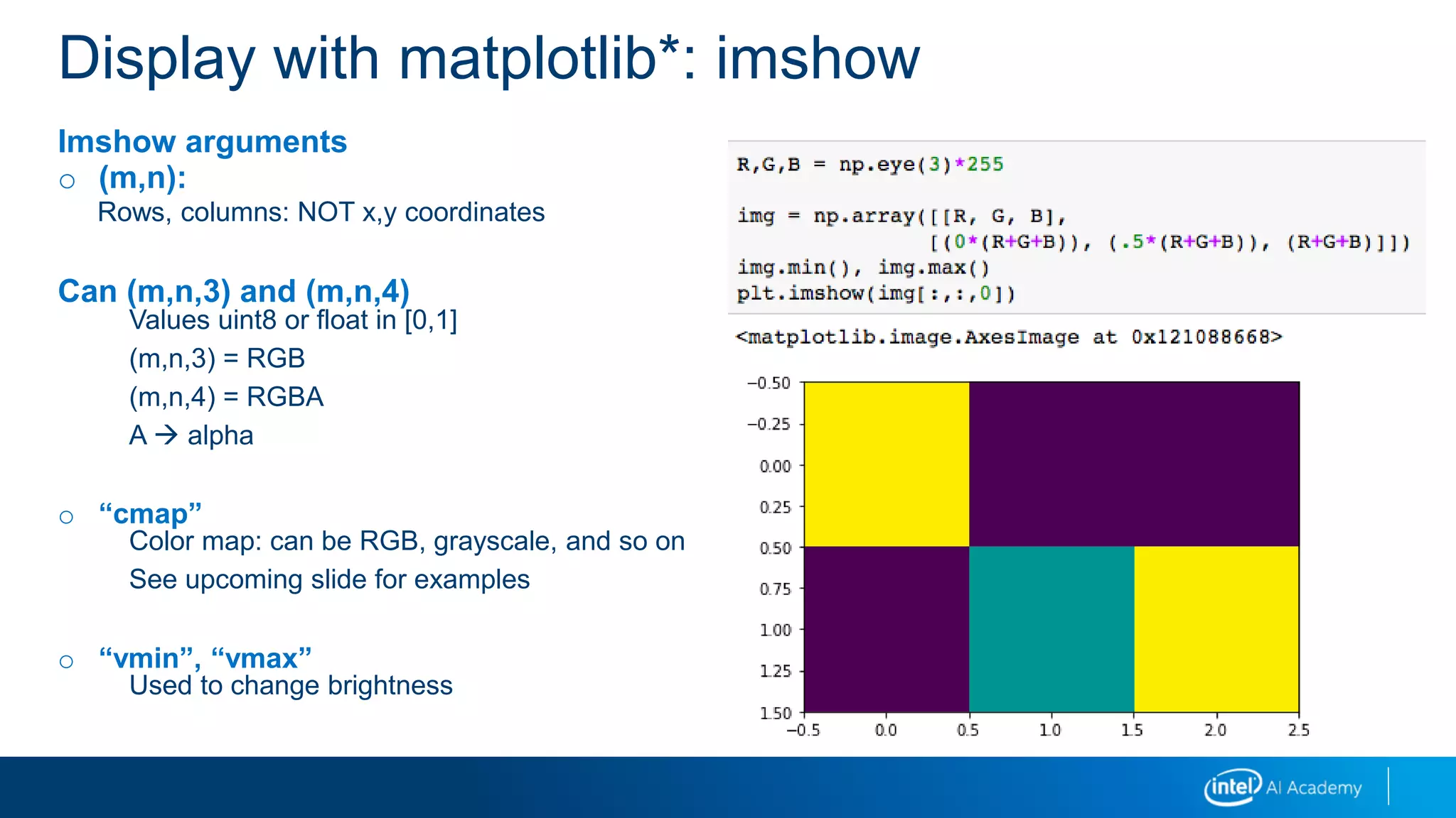 Imshow arguments
o (m,n):
Rows, columns: NOT x,y coordinates
Can (m,n,3) and (m,n,4)
Values uint8 or float in [0,1]
(m,n,3) = RGB
(m,n,4) = RGBA
A  alpha
o “cmap”
Color map: can be RGB, grayscale, and so on
See upcoming slide for examples
o “vmin”, “vmax”
Used to change brightness
Display with matplotlib*: imshow
 