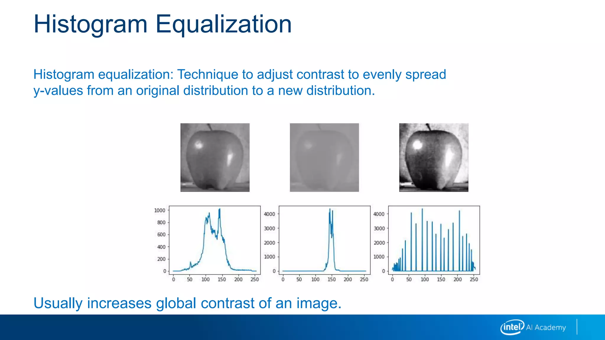 Histogram Equalization
Histogram equalization: Technique to adjust contrast to evenly spread
y-values from an original distribution to a new distribution.
Usually increases global contrast of an image.
 