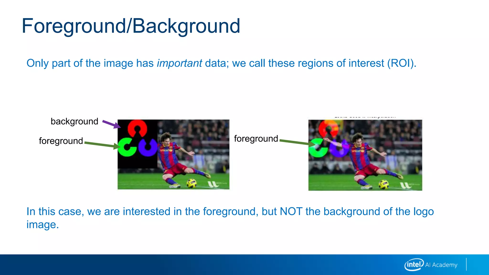 Foreground/Background
Only part of the image has important data; we call these regions of interest (ROI).
In this case, we are interested in the foreground, but NOT the background of the logo
image.
foreground
background
foreground
 