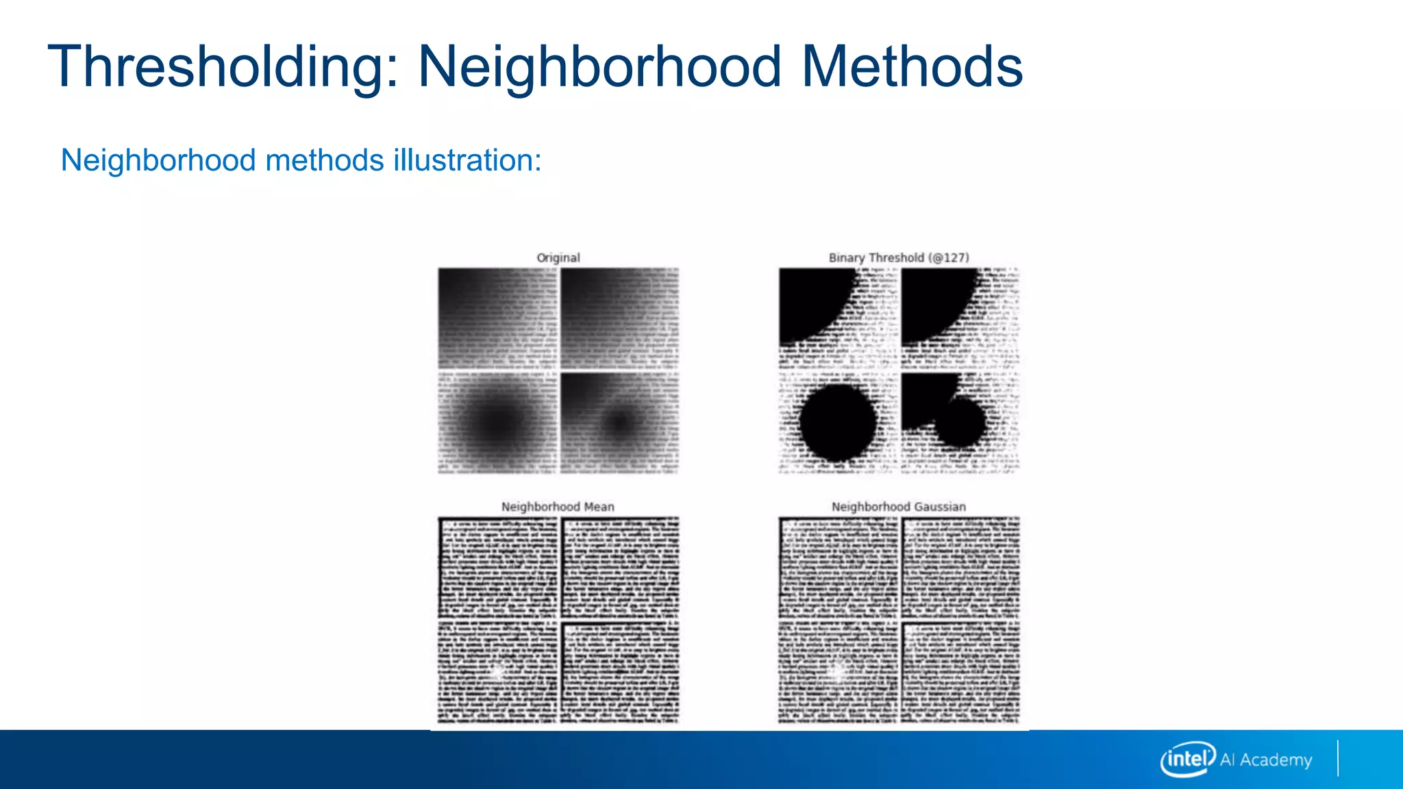 Neighborhood methods illustration:
Thresholding: Neighborhood Methods
 