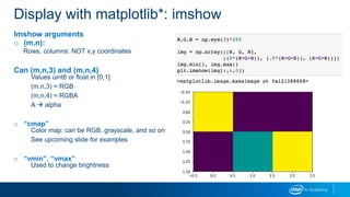 Imshow arguments
o (m,n):
Rows, columns: NOT x,y coordinates
Can (m,n,3) and (m,n,4)
Values uint8 or float in [0,1]
(m,n,3) = RGB
(m,n,4) = RGBA
A  alpha
o “cmap”
Color map: can be RGB, grayscale, and so on
See upcoming slide for examples
o “vmin”, “vmax”
Used to change brightness
Display with matplotlib*: imshow
 