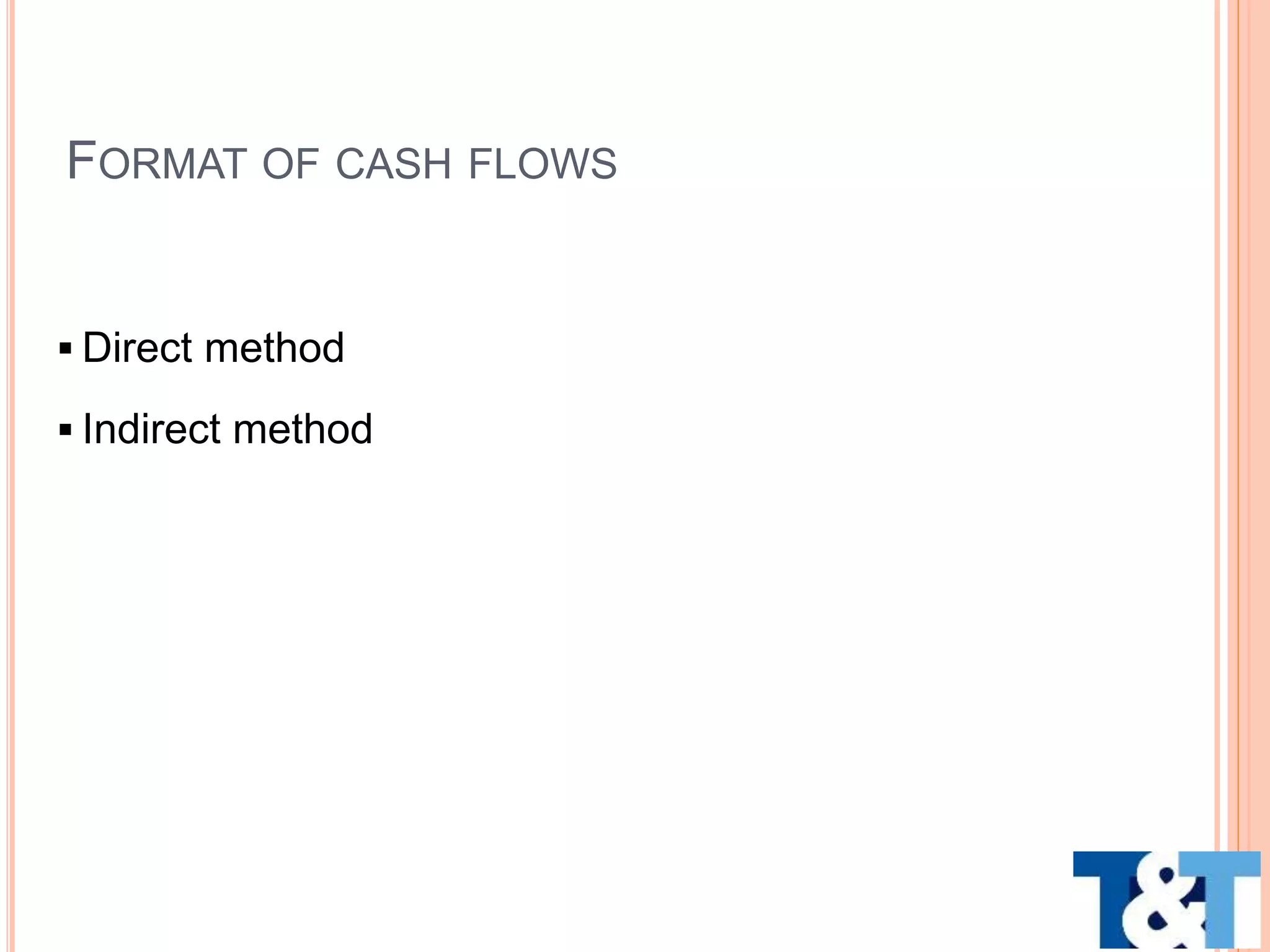  Direct method
 Indirect method
FORMAT OF CASH FLOWS
 
