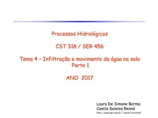 Processos Hidrológicos
CST 318 / SER 456
Tema 4 – Infiltração e movimento da água no solo
Parte 1
ANO 2017
Laura De Simone Borma
Camilo Daleles Rennó
http://www.dpi.inpe.br/~camilo/prochidr/
 