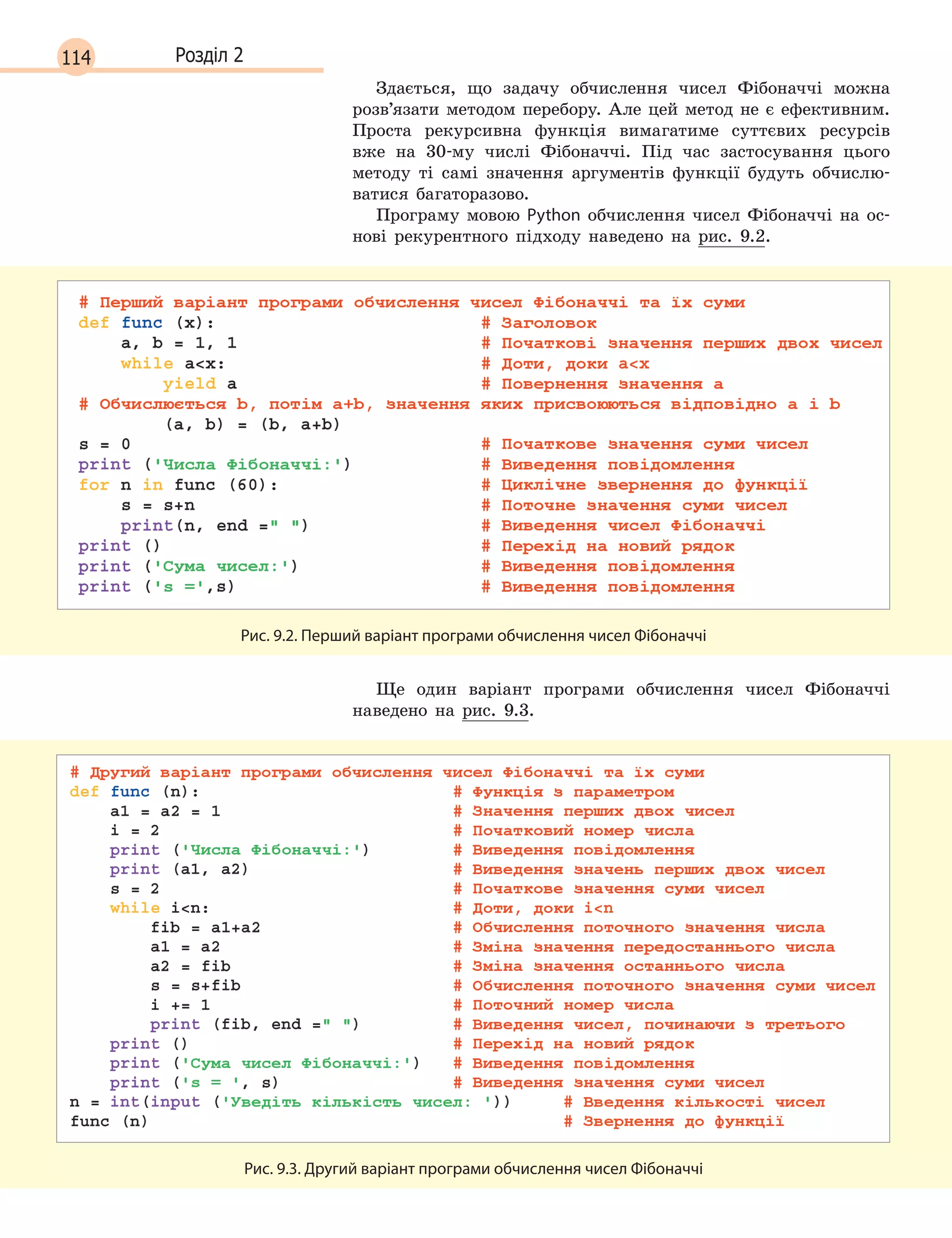 114 Розділ 2
Здається, що задачу обчислення чисел Фібоначчі можна
розв’язати методом перебору. Але цей метод не є ефективним.
Проста рекурсивна функція вимагатиме суттєвих ресурсів
вже на 30-му числі Фібоначчі. Під час застосування цього
методу ті самі значення аргументів функції будуть обчислю-
ватися багаторазово.
Програму мовою Python обчислення чисел Фібоначчі на ос-
нові рекурентного підходу наведено на рис. 9.2.
Рис. 9.2. Перший варіант програми обчислення чисел Фібоначчі
Ще один варіант програми обчислення чисел Фібоначчі
наведено на рис. 9.3.
Рис. 9.3. Другий варіант програми обчислення чисел Фібоначчі
 