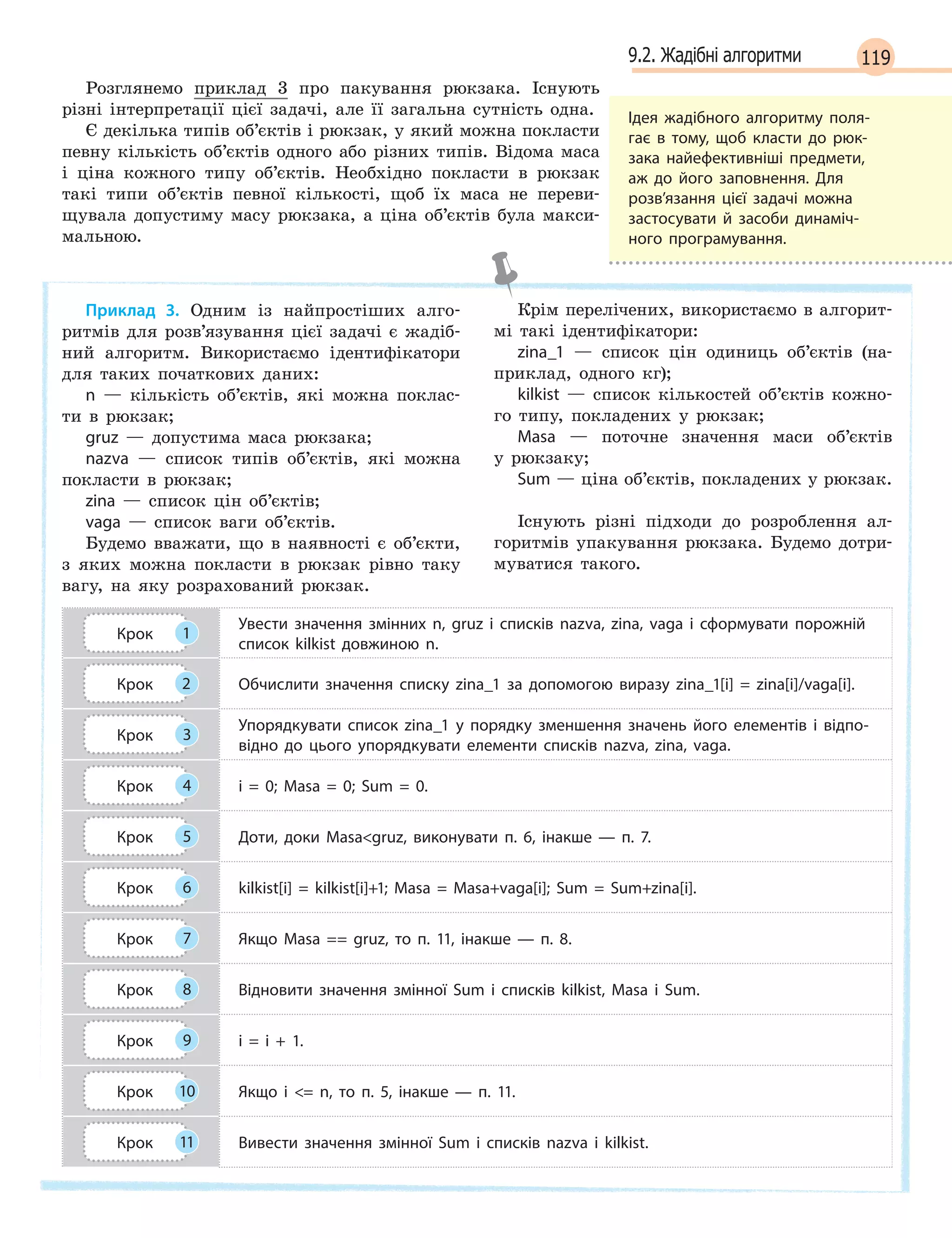 1199.2. Жадібні алгоритми
Розглянемо приклад 3 про пакування рюкзака. Існують
різні інтерпретації цієї задачі, але її загальна сутність одна.
Є декілька типів об’єктів і рюкзак, у який можна покласти
певну кількість об’єктів одного або різних типів. Відома маса
і ціна кожного типу об’єктів. Необхідно покласти в рюкзак
такі типи об’єктів певної кількості, щоб їх маса не переви-
щувала допустиму масу рюкзака, а ціна об’єктів була макси-
мальною.
Приклад 3. Одним із найпростіших алго-
ритмів для розв’язування цієї задачі є жадіб-
ний алгоритм. Використаємо ідентифікатори
для таких початкових даних:
n — кількість об’єктів, які можна поклас-
ти в рюкзак;
gruz — допустима маса рюкзака;
nazva — список типів об’єктів, які можна
покласти в рюкзак;
zina — список цін об’єктів;
vaga — список ваги об’єктів.
Будемо вважати, що в наявності є об’єкти,
з яких можна покласти в рюкзак рівно таку
вагу, на яку розрахований рюкзак.
Крім перелічених, використаємо в алгорит-
мі такі ідентифікатори:
zina_1 — список цін одиниць об’єктів (на-
приклад, одного кг);
kilkist — список кількостей об’єктів кожно-
го типу, покладених у рюкзак;
Masa — поточне значення маси об’єктів
у рюкзаку;
Sum — ціна об’єктів, покладених у рюкзак.
Існують різні підходи до розроблення ал-
горитмів упакування рюкзака. Будемо дотри-
муватися такого.
Крок 1
Увести значення змінних n, gruz і  списків nazva, zina, vaga і  сформувати порожній
список kilkist довжиною n.
Крок 2 Обчислити значення списку zina_1 за допомогою виразу zina_1[i] =  zina[i]/vaga[i].
Крок 3
Упорядкувати список zina_1 у  порядку зменшення значень його елементів і  відпо-
відно до цього упорядкувати елементи списків nazva, zina, vaga.
Крок 4 i = 0; Masa =  0; Sum =  0.
Крок 5 Доти, доки Masagruz, виконувати п. 6, інакше  —  п. 7.
Крок 6 kilkist[i] =  kilkist[i]+1; Masa =  Masa+vaga[i]; Sum =  Sum+zina[i].
Крок 7 Якщо Masa == gruz, то п. 11, інакше  —  п. 8.
Крок 8 Відновити значення змінної Sum і  списків kilkist, Masa і  Sum.
Крок 9 i = i + 1.
Крок 10 Якщо i  = n, то п. 5, інакше  —  п. 11.
Крок 11 Вивести значення змінної Sum і  списків nazva і  kilkist.
Ідея жадібного алгоритму поля-
гає в тому, щоб класти до рюк-
зака найефективніші предмети,
аж до його заповнення. Для
розв’язання цієї задачі можна
застосувати й засоби динаміч-
ного програмування.
 