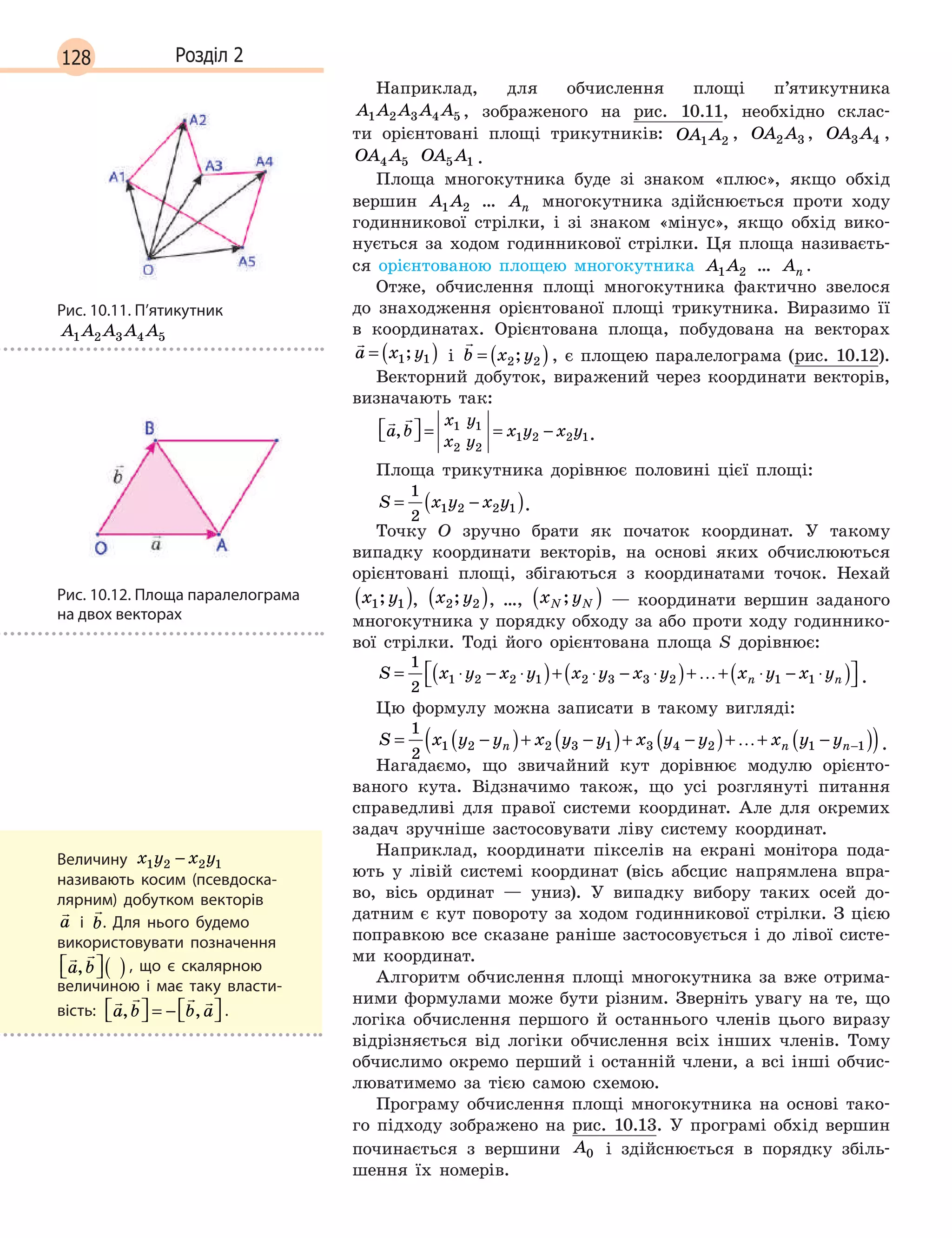 128 Розділ 2
Наприклад, для обчислення площі п’ятикутника
A A A A A1 2 3 4 5 , зображеного на рис. 10.11, необхідно склас-
ти орієнтовані площі трикутників: OA A1 2 , OA A2 3 , OA A3 4 ,
OA A4 5
 
OA A5 1 .
Площа многокутника буде зі знаком «плюс», якщо обхід
вершин A A1 2
 
… An
 
многокутника здійснюється проти ходу
годинникової стрілки, і зі знаком «мінус», якщо обхід вико-
нується за ходом годинникової стрілки. Ця площа називаєть-
ся орієнтованою площею многокутника A A1 2
 
… An .
Отже, обчислення площі многокутника фактично звелося
до знаходження орієнтованої площі трикутника. Виразимо її
в координатах. Орієнтована площа, побудована на векторах

a x y= ( )1 1; і

b x y= ( )2 2; , є площею паралелограма (рис. 10.12).
Векторний добуток, виражений через координати векторів,
визначають так:
 
a b
x y
x y
x y x y,  = = −1 1
2 2
1 2 2 1.
Площа трикутника дорівнює половині цієї площі:
S x y x y= −( )
1
2
1 2 2 1 .
Точку O зручно брати як початок координат. У такому
випадку координати векторів, на основі яких обчислюються
орієнтовані площі, збігаються з координатами точок. Нехай
x y1 1;( ), x y2 2;( ), …, x yN N;( ) — координати вершин заданого
многокутника у порядку обходу за або проти ходу годиннико-
вої стрілки. Тоді його орієнтована площа S дорівнює:
S x y x y x y x y x y x yn n= ⋅ − ⋅( )+ ⋅ − ⋅( )+…+ ⋅ − ⋅( ) 
1
2
1 2 2 1 2 3 3 2 1 1 .
Цю формулу можна записати в такому вигляді:
S x y y x y y x y y x y yn n n= −( )+ −( )+ −( )+…+ −( )( )−
1
2
1 2 2 3 1 3 4 2 1 1 .
Нагадаємо, що звичайний кут дорівнює модулю орієнто-
ваного кута. Відзначимо також, що усі розглянуті питання
справедливі для правої системи координат. Але для окре­мих
задач зручніше застосовувати ліву систему координат.
Наприклад, координати пікселів на екрані монітора пода-
ють у лівій системі координат (вісь абсцис напрямлена впра-
во, вісь ординат — униз). У випадку вибору таких осей до-
датним є кут повороту за ходом годинникової стрілки. З цією
поправкою все сказане раніше застосовується і до лівої систе-
ми координат.
Алгоритм обчислення площі многокутника за вже отрима-
ними формулами може бути різним. Зверніть увагу на те, що
логіка обчислення першого й останнього членів цього виразу
відрізняється від логіки обчислення всіх інших членів. Тому
обчислимо окремо перший і останній члени, а всі інші обчис-
люватимемо за тією самою схемою.
Програму обчислення площі многокутника на основі тако-
го підходу зображено на рис. 10.13. У програмі обхід вершин
починається з вершини A0
 
і здійснюється в порядку збіль-
шення їх номерів.
Рис. 10.11. П’ятикутник
A A A A A1 2 3 4 5
Рис. 10.12. Площа паралелограма
на двох векторах
Величину x y x y1 2 2 1−  
називають косим (псевдоска-
лярним) добутком векторів

a і

b. Для нього будемо
­
використовувати позначення
 
a b, ( ), що є скалярною
­
величиною і  має таку власти-
вість:
   
a b b a, ,  = −   .
 