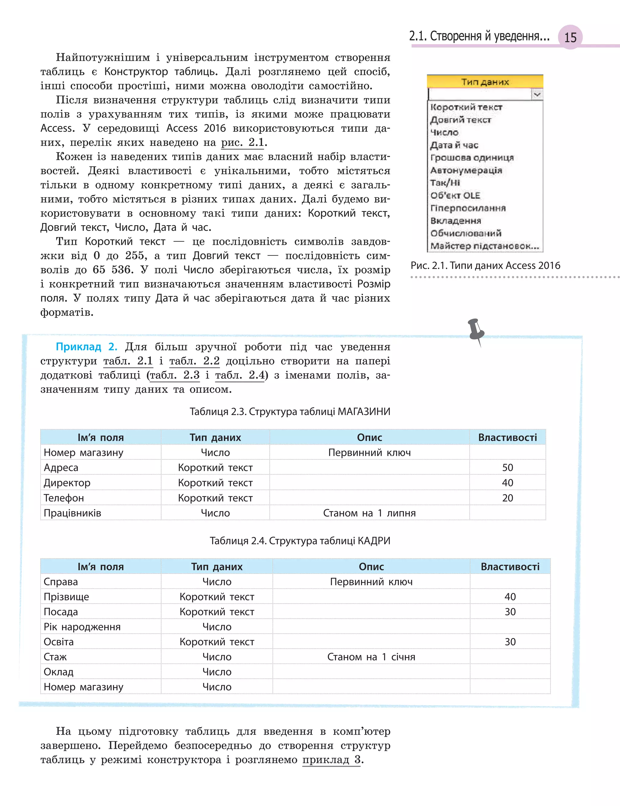 152.1. Створення й уведення...
Найпотужнішим і універсальним інструментом створення
таблиць є Конструктор таблиць. Далі розглянемо цей спосіб,
інші способи простіші, ними можна оволодіти самостійно.
Після визначення структури таблиць слід визначити типи
полів з урахуванням тих типів, із якими може працювати
Access. У середовищі Access 2016 використовуються типи да-
них, перелік яких наведено на рис. 2.1.
Кожен із наведених типів даних має власний набір власти-
востей. Деякі властивості є унікальними, тобто містяться
тільки в одному конкретному типі даних, а деякі є загаль-
ними, тобто містяться в різних типах даних. Далі будемо ви-
користовувати в основному такі типи даних: Короткий текст,
Довгий текст, Число, Дата й  час.
Тип Короткий текст — це послідовність символів завдов-
жки від 0 до 255, а тип Довгий текст — послідовність сим-
волів до 65 536. У полі Число зберігаються числа, їх розмір
і конкретний тип визначаються значенням властивості Розмір
поля. У полях типу Дата й  час зберігаються дата й час різних
форматів.
Приклад 2. Для більш зручної роботи під час уведення
структури табл. 2.1 і табл. 2.2 доцільно створити на папері
додаткові таблиці (табл. 2.3 і табл. 2.4) з іменами полів, за-
значенням типу даних та описом.
Таблиця 2.3. Структура таблиці МАГАЗИНИ
Ім’я поля Тип даних Опис Властивості
Номер магазину Число Первинний ключ
Адреса Короткий текст 50
Директор Короткий текст 40
Телефон Короткий текст 20
Працівників Число Станом на 1 липня
Таблиця 2.4. Структура таблиці КАДРИ
Ім’я поля Тип даних Опис Властивості
Справа Число Первинний ключ
Прізвище Короткий текст 40
Посада Короткий текст 30
Рік народження Число
Освіта Короткий текст 30
Стаж Число Станом на 1 січня
Оклад Число
Номер магазину Число
На цьому підготовку таблиць для введення в комп’ютер
завершено. Перейдемо безпосередньо до створення структур
таблиць у режимі конструктора і розглянемо приклад 3.
Рис. 2.1. Типи даних Access 2016
 