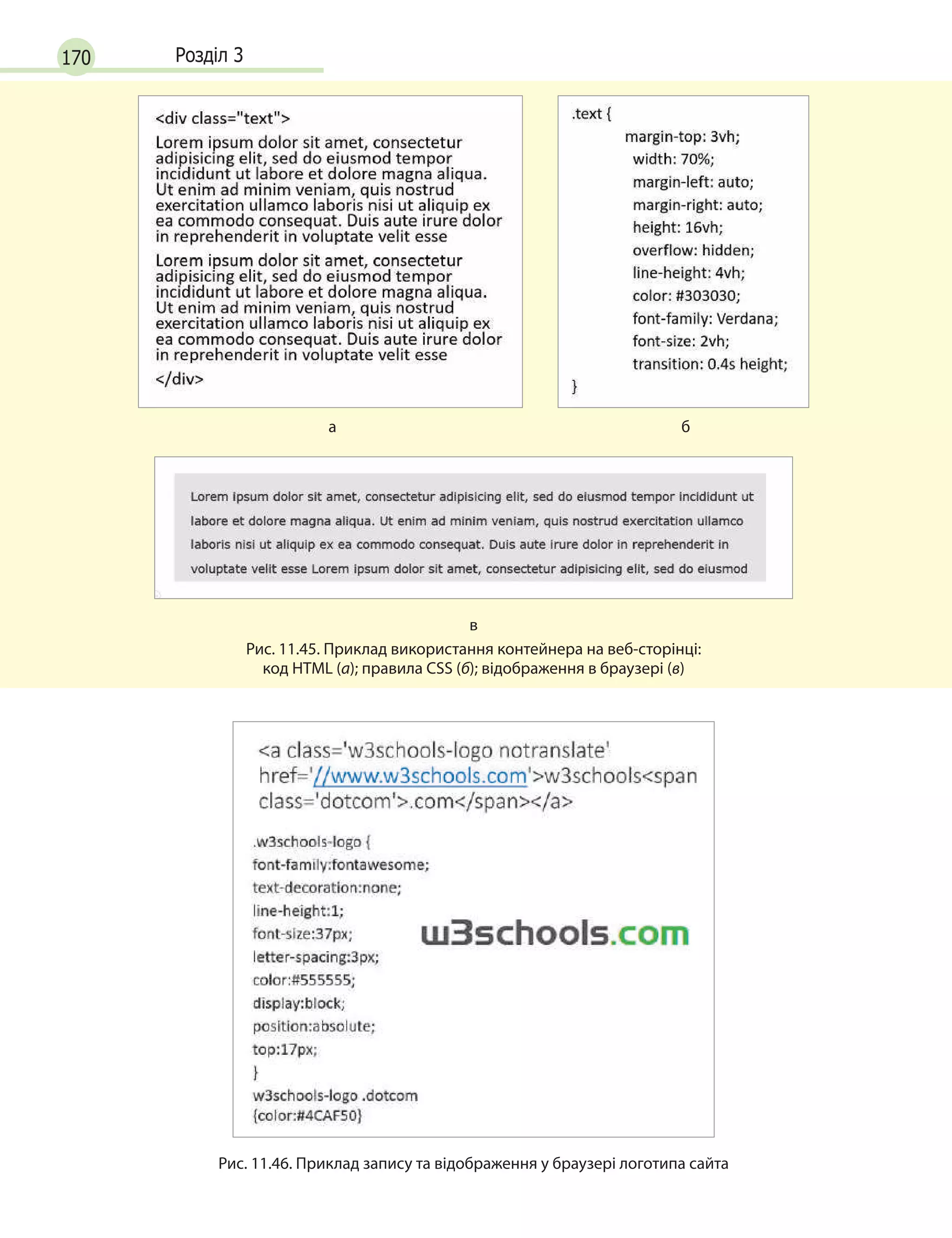 170 Розділ 3

аб
в
Рис. 11.45. Приклад використання контейнера на веб-сторінці:
код HTML (а); правила СSS (б); відображення в браузері (в)
Рис. 11.46. Приклад запису та відображення у браузері логотипа сайта
 