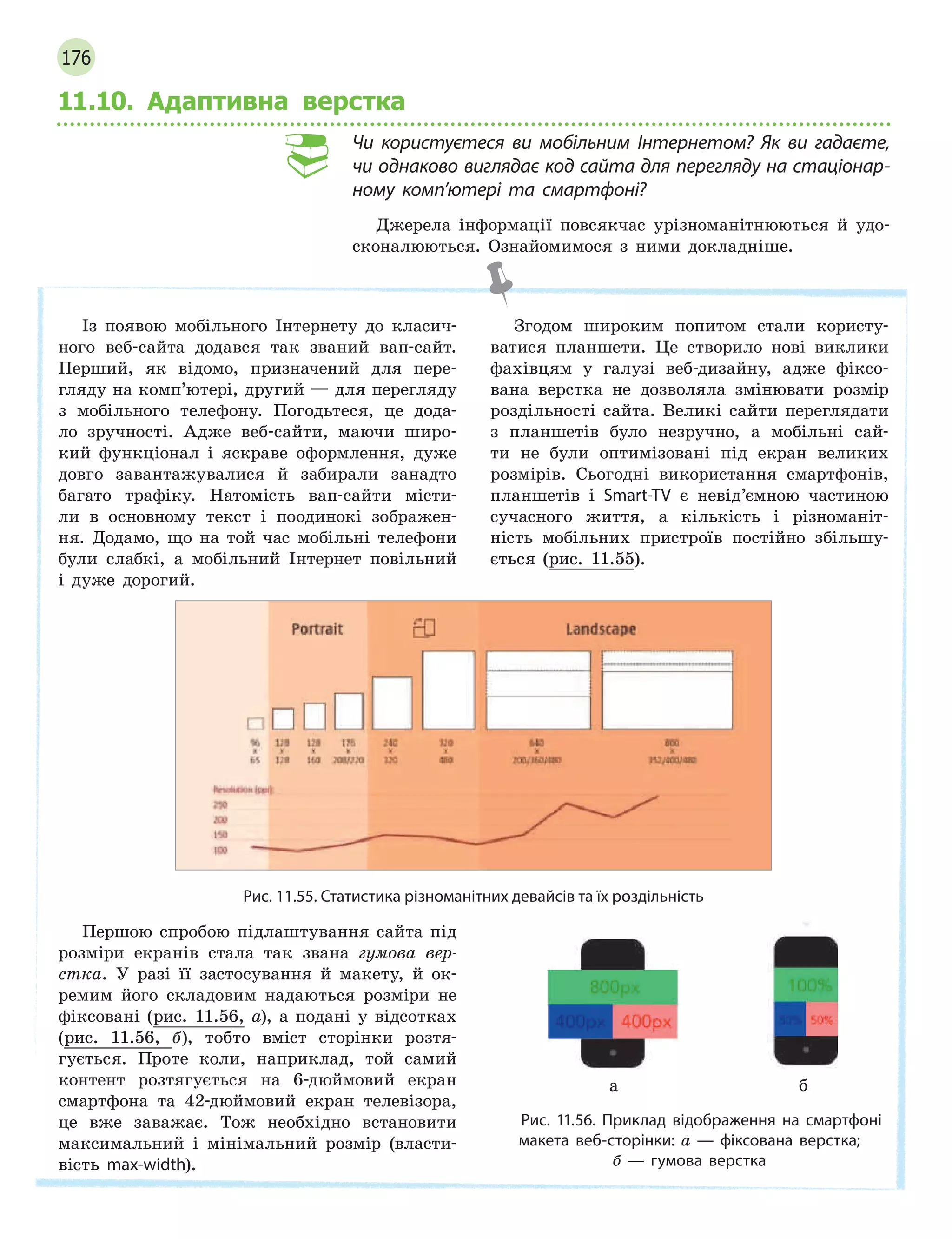 176
11.10. Адаптивна верстка
Чи користуєтеся ви мобільним Інтернетом? Як ви гадаєте,
чи однаково виглядає код сайта для перегляду на стаціонар-
ному комп’ютері та смартфоні?
Джерела інформації повсякчас урізноманітнюються й удо-
сконалюються. Ознайомимося з ними докладніше.
Із появою мобільного Інтернету до класич-
ного веб-сайта додався так званий вап-сайт.
Перший, як відомо, призначений для пере-
гляду на комп’ютері, другий — для перегляду
з мобільного телефону. Погодьтеся, це дода-
ло зручності. Адже веб-сайти, маючи широ-
кий функціонал і яскраве оформлення, дуже
довго завантажувалися й забирали занадто
багато трафіку. Натомість вап-сайти місти-
ли в основному текст і поодинокі зображен-
ня. Додамо, що на той час мобільні телефони
були слабкі, а мобільний Інтернет повільний
і дуже дорогий.
Згодом широким попитом стали користу-
ватися планшети. Це створило нові виклики
фахівцям у галузі веб-дизайну, адже фіксо-
вана верстка не дозволяла змінювати розмір
роздільності сайта. Великі сайти переглядати
з планшетів було незручно, а мобільні сай-
ти не були оптимізовані під екран великих
розмірів. Сьогодні використання смартфонів,
планшетів і Smart-TV є невід’ємною частиною
сучасного життя, а кількість і різноманіт-
ність мобільних пристроїв постійно збільшу-
ється (рис. 11.55).
Рис. 11.55. Статистика різноманітних девайсів та їх роздільність
Першою спробою підлаштування сайта під
розміри екранів стала так звана гумова вер-
стка. У разі її застосування й макету, й ок-
ремим його складовим надаються розміри не
фіксовані (рис. 11.56, а), а подані у відсотках
(рис. 11.56, б), тобто вміст сторінки розтя-
гується. Проте коли, наприклад, той самий
контент розтягується на 6-дюймовий екран
смартфона та 42-дюймовий екран телевізора,
це вже заважає. Тож необхідно встановити
максимальний і мінімальний розмір (власти-
вість max-width).
а б
Рис. 11.56. Приклад відображення на смартфоні
макета веб-сторінки: а  — фіксована верстка;
б  — гумова верстка
 