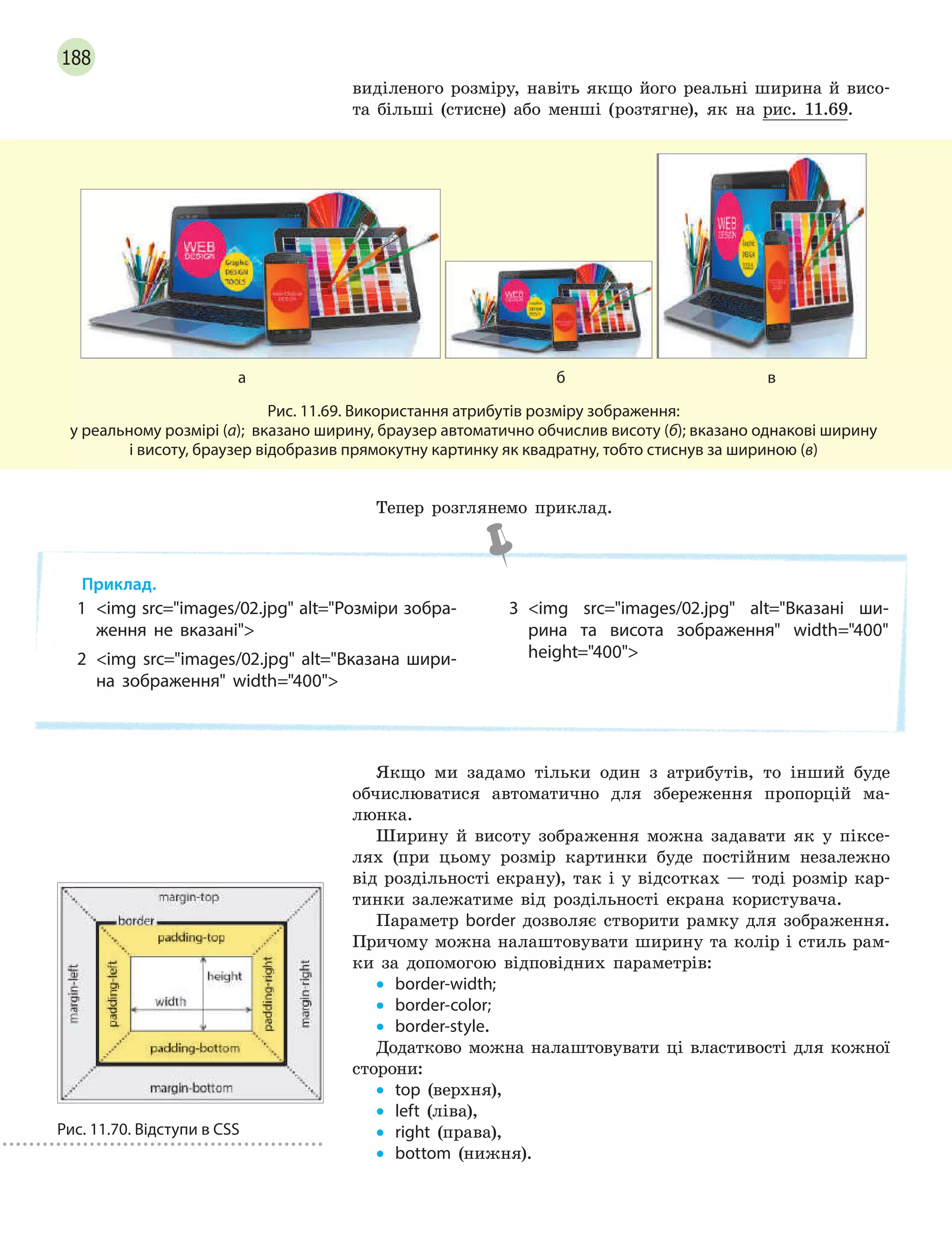 188
виділеного розміру, навіть якщо його реальні ширина й висо-
та більші (стисне) або менші (розтягне), як на рис. 11.69.
а б в
Рис. 11.69. Використання атрибутів розміру зображення:
у реальному розмірі (а); вказано ширину, браузер автоматично обчислив висоту (б); вказано однакові ширину
і висоту, браузер відобразив прямокутну картинку як квадратну, тобто стиснув за шириною (в)
Тепер розглянемо приклад.
Приклад.
1 img src=images/02.jpg alt=Розміри зобра-
ження не вказані
2 img src=images/02.jpg alt=Вказана шири-
на зображення width=400
3 img src=images/02.jpg alt=Вказані ши-
рина та висота зображення width=400
height=400
Якщо ми задамо тільки один з атрибутів, то інший буде
обчислюватися автоматично для збереження пропорцій ма-
люнка.
Ширину й висоту зображення можна задавати як у піксе-
лях (при цьому розмір картинки буде постійним незалежно
від роздільності екрану), так і у відсотках — тоді розмір кар-
тинки залежатиме від роздільності екрана користувача.
Параметр border дозволяє створити рамку для зображення.
Причому можна налаштовувати ширину та колір і стиль рам-
ки за допомогою відповідних параметрів:
• border-width;
• border-color;
• border-style.
Додатково можна налаштовувати ці властивості для кожної
сторони:
• top (верхня),
• left (ліва),
• right (права),
• bottom (нижня).
Рис. 11.70. Відступи в CSS
 