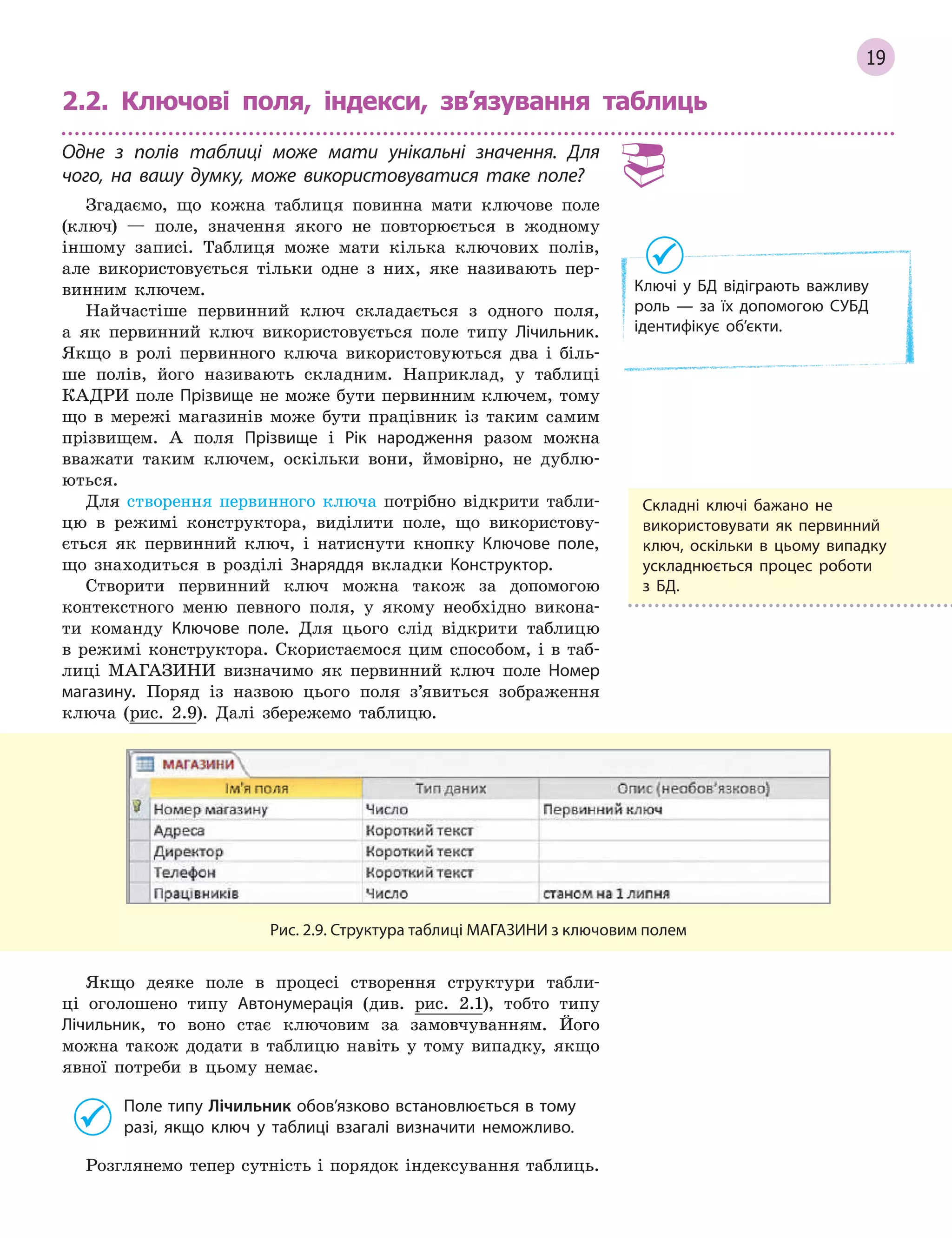 19
2.2. Ключові поля, індекси, зв’язування таблиць
Одне з  полів таблиці може мати унікальні значення. Для
чого, на вашу думку, може використовуватися таке поле?
Згадаємо, що кожна таблиця повинна мати ключове поле
(ключ) — поле, значення якого не повторюється в жодному
іншому записі. Таблиця може мати кілька ключових полів,
але використовується тільки одне з них, яке називають пер-
винним ключем.
Найчастіше первинний ключ складається з одного поля,
а як первинний ключ використовується поле типу Лічильник.
Якщо в ролі первинного ключа використовуються два і біль-
ше полів, його називають складним. Наприклад, у таблиці
КАДРИ поле Прізвище не може бути первинним ключем, тому
що в мережі магазинів може бути працівник із таким самим
прізвищем. А поля Прізвище і Рік народження разом можна
вважати таким ключем, оскільки вони, ймовірно, не дублю-
ються.
Для створення первинного ключа потрібно відкрити табли-
цю в режимі конструктора, виділити поле, що використову-
ється як первинний ключ, і натиснути кнопку Ключове поле,
що знаходиться в розділі Знаряддя вкладки Конструктор.
Створити первинний ключ можна також за допомогою
контекстного меню певного поля, у якому необхідно викона-
ти команду Ключове поле. Для цього слід відкрити таблицю
в режимі конструктора. Скористаємося цим способом, і в таб-
лиці МАГАЗИНИ визначимо як первинний ключ поле Номер
магазину. Поряд із назвою цього поля з’явиться зображення
ключа (рис. 2.9). Далі збережемо таблицю.
Рис. 2.9. Структура таблиці МАГАЗИНИ з ключовим полем
Якщо деяке поле в процесі створення структури табли-
ці оголошено типу Автонумерація (див. рис. 2.1), тобто типу
Лічильник, то воно стає ключовим за замовчуванням. Його
можна також додати в таблицю навіть у тому випадку, якщо
явної потреби в цьому немає.
Поле типу Лічильник обов’язково встановлюється в тому
разі, якщо ключ у  таблиці взагалі визначити неможливо.
Розглянемо тепер сутність і порядок індексування таблиць.
Складні ключі бажано не
використовувати як первинний
ключ, оскільки в  цьому випадку
ускладнюється процес роботи
з БД.
Ключі у БД відіграють важливу
роль — за їх допомогою СУБД
ідентифікує об’єкти.
 