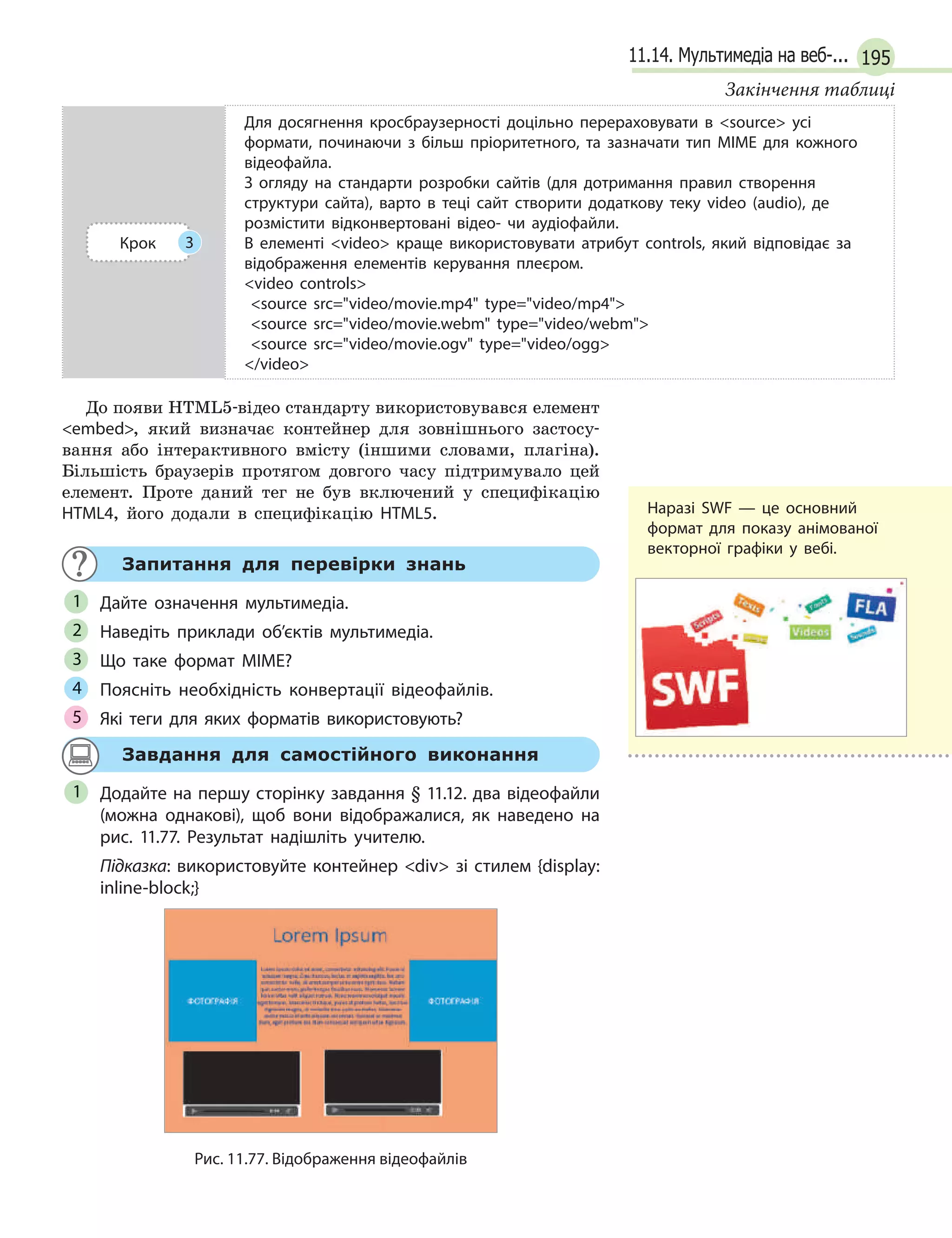 19511.14. Мультимедіа на веб-...
Крок 3
Для досягнення кросбраузерності доцільно перераховувати в source усі
формати, починаючи з більш пріоритетного, та зазначати тип MIME для кожного
відеофайла.
З огляду на стандарти розробки сайтів (для дотримання правил створення
структури сайта), варто в теці сайт створити додаткову теку video (audio), де
розмістити відконвертовані відео- чи аудіофайли.
В елементі video краще використовувати атрибут controls, який відповідає за
відображення елементів керування плеєром.
video controls
source src=video/movie.mp4 type=video/mp4
source src=video/movie.webm type=video/webm
source src=video/movie.ogv type=video/ogg
/video
До появи HTML5-відео стандарту використовувався елемент
embed, який визначає контейнер для зовнішнього застосу-
вання або інтерактивного вмісту (іншими словами, плагіна).
Більшість браузерів протягом довгого часу підтримувало цей
елемент. Проте даний тег не був включений у специфікацію
HTML4, його додали в специфікацію HTML5.
Запитання для перевірки знань
Дайте означення мультимедіа.
Наведіть приклади об’єктів мультимедіа.
Що таке формат MIME?
Поясніть необхідність конвертації відеофайлів.
Які теги для яких форматів використовують?
1
2
3
4
5
Завдання для самостійного виконання
Додайте на першу сторінку завдання § 11.12. два відеофайли
(можна однакові), щоб вони відображалися, як наведено на
рис. 11.77. Результат надішліть учителю.
Підказка: використовуйте контейнер div зі стилем {display:
inline-block;}
Рис. 11.77. Відображення відеофайлів
1
Закінчення таблиці
Наразі SWF — це основний
формат для показу анімованої
векторної графіки у вебі.
 