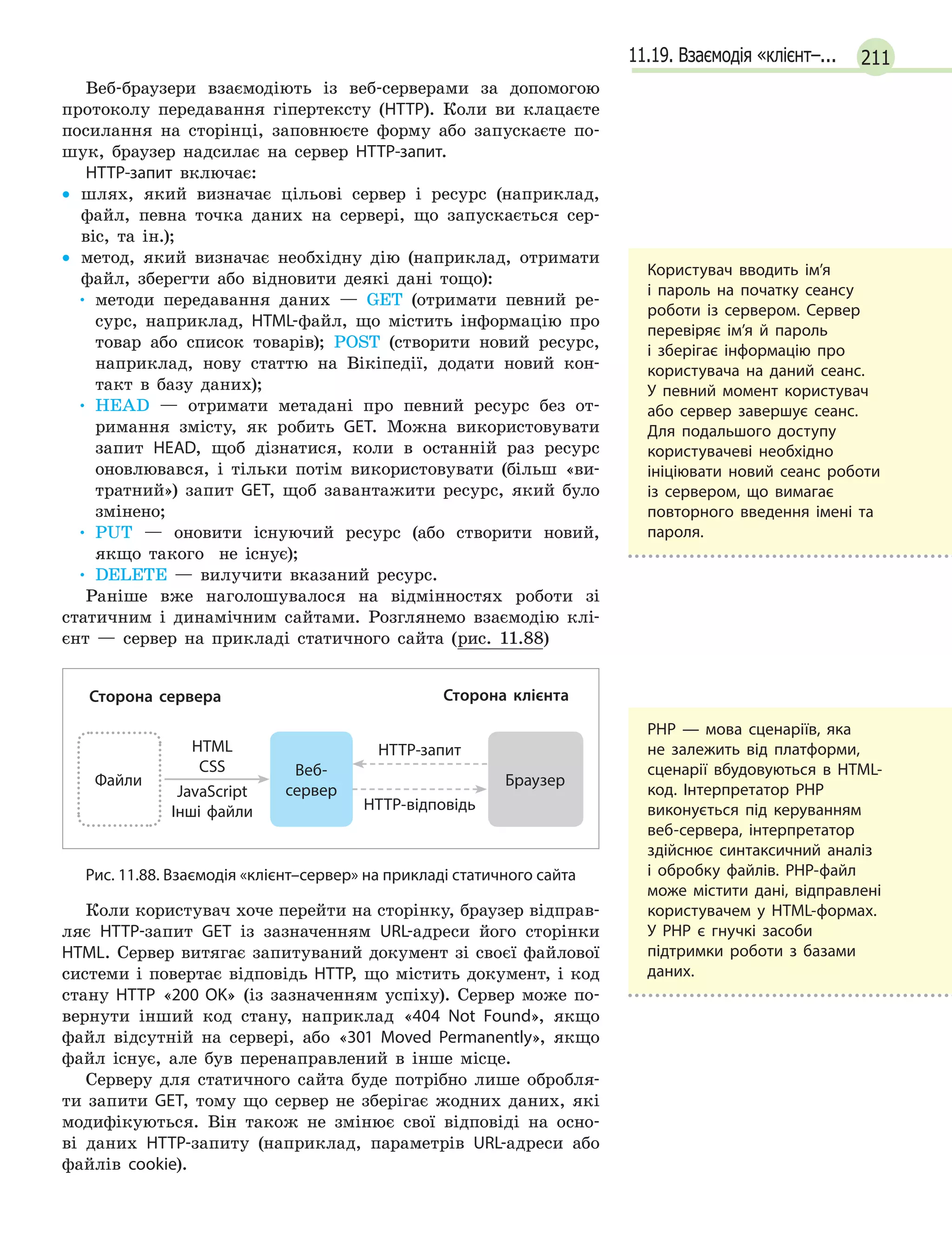 21111.19. Взаємодія «клієнт–...
Веб-браузери взаємодіють із веб-серверами за допомогою
протоколу передавання гіпертексту (HTTP). Коли ви клацаєте
посилання на сторінці, заповнюєте форму або запускаєте по-
шук, браузер надсилає на сервер HTTP-запит.
HTTP-запит включає:
•
• шлях, який визначає цільові сервер і ресурс (наприклад,
файл, певна точка даних на сервері, що запускається сер-
віс, та ін.);
•
• метод, який визначає необхідну дію (наприклад, отримати
файл, зберегти або відновити деякі дані тощо):
•	методи передавання даних — GET (отримати певний ре-
сурс, наприклад, HTML-файл, що містить інформацію про
товар або список товарів); POST (створити новий ресурс,
наприклад, нову статтю на Вікіпедії, додати новий кон-
такт в базу даних);
•	HEAD — отримати метадані про певний ресурс без от-
римання змісту, як робить GET. Можна використовувати
запит HEAD, щоб дізнатися, коли в останній раз ресурс
оновлювався, і тільки потім використовувати (більш «ви-
тратний») запит GET, щоб завантажити ресурс, який було
змінено;
•	PUT — оновити існуючий ресурс (або створити новий,
якщо такого не існує);
•	DELETE — вилучити вказаний ресурс.
Раніше вже наголошувалося на відмінностях роботи зі
статичним і динамічним сайтами. Розглянемо взаємодію клі-
єнт — сервер на прикладі статичного сайта (рис. 11.88)
Файли
Веб-
сервер
Браузер
HTML
CSS
JavaScript
Інші файли
HTТР-запит
HTТР-відповідь
Сторона клієнтаСторона сервера
Рис. 11.88. Взаємодія «клієнт–сервер» на прикладі статичного сайта
Коли користувач хоче перейти на сторінку, браузер відправ-
ляє HTTP-запит GET із зазначенням URL-адреси його сторінки
HTML. Сервер витягає запитуваний документ зі своєї файлової
системи і повертає відповідь HTTP, що містить документ, і код
стану HTTP «200 OK» (із зазначенням успіху). Сервер може по-
вернути інший код стану, наприклад «404 Not Found», якщо
файл відсутній на сервері, або «301 Moved Permanently», якщо
файл існує, але був перенаправлений в інше місце.
Серверу для статичного сайта буде потрібно лише обробля-
ти запити GET, тому що сервер не зберігає жодних даних, які
модифікуються. Він також не змінює свої відповіді на осно-
ві даних HTTP-запиту (наприклад, параметрів URL-адреси або
файлів cookie).
PHP — мова сценаріїв, яка
не залежить від платформи,
сценарії вбудовуються в  HTML-
код. Інтерпретатор РНР
виконується під керуванням
веб-сервера, інтерпретатор
здійснює синтаксичний аналіз
і обробку файлів. РНР-файл
може містити дані, відправлені
користувачем у HTML-формах.
У  РНР є гнучкі засоби
підтримки роботи з базами
даних.
Користувач вводить ім’я
і  пароль на початку сеансу
роботи із сервером. Сервер
перевіряє ім’я й пароль
і  зберігає інформацію про
користувача на даний сеанс.
У певний момент користувач
або сервер завершує сеанс.
Для подальшого доступу
користувачеві необхідно
ініціювати новий сеанс роботи
із сервером, що вимагає
повторного введення імені та
пароля.
 