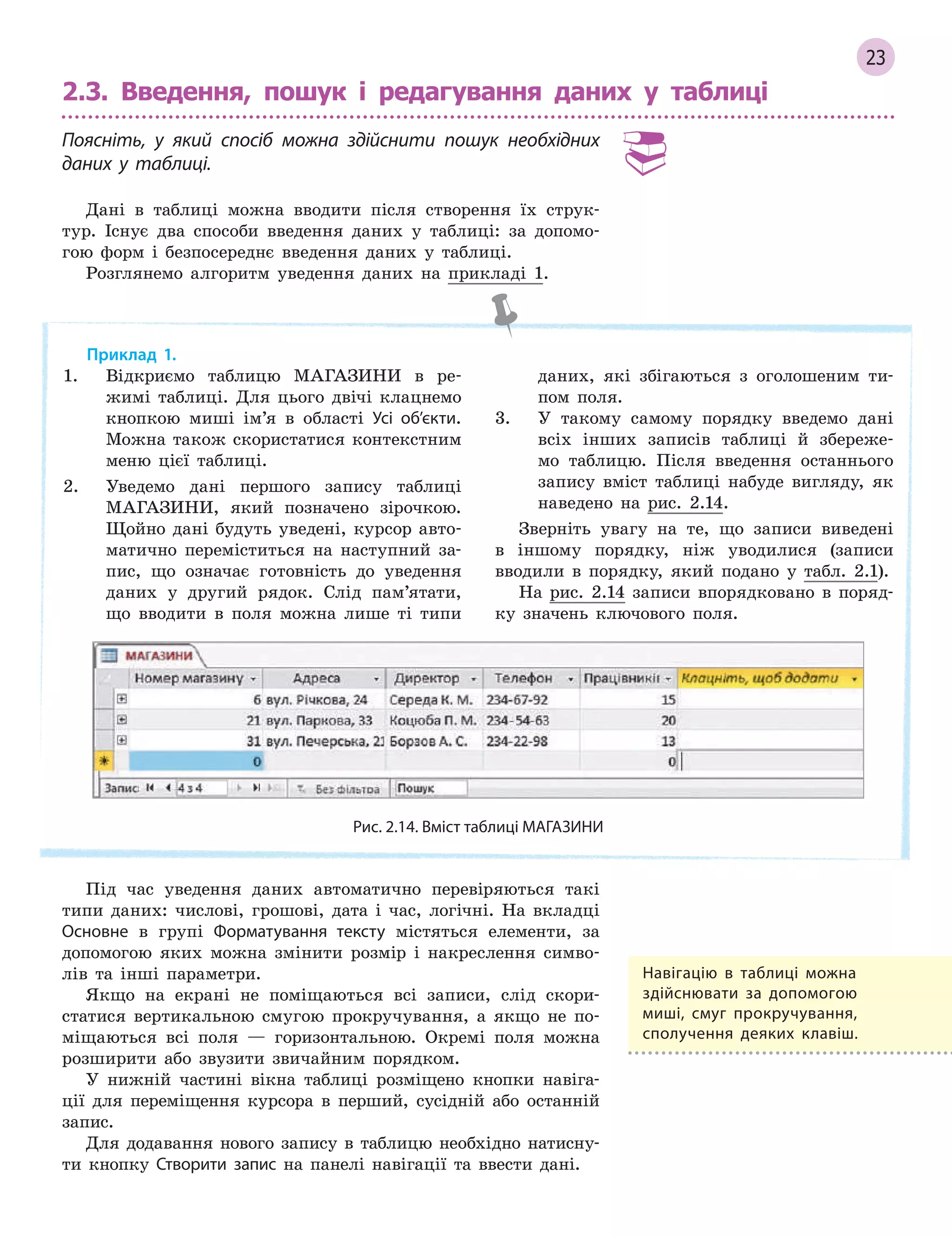 23
2.3. Введення, пошук і редагування даних у таблиці
Поясніть, у який спосіб можна здійснити пошук необхідних
даних у таблиці.
Дані в таблиці можна вводити після створення їх струк-
тур. Існує два способи введення даних у таблиці: за допомо-
гою форм і безпосереднє введення даних у таблиці.
Розглянемо алгоритм уведення даних на прикладі 1.
Приклад 1.
1. Відкриємо таблицю МАГАЗИНИ в ре-
жимі таблиці. Для цього двічі клацнемо
кнопкою миші ім’я в області Усі об’єкти.
Можна також скористатися контекстним
меню цієї таблиці.
2. Уведемо дані першого запису таблиці
МАГАЗИНИ, який позначено зірочкою.
Щойно дані будуть уведені, курсор авто-
матично переміститься на наступний за-
пис, що означає готовність до уведення
даних у другий рядок. Слід пам’ятати,
що вводити в поля можна лише ті типи
даних, які збігаються з оголошеним ти-
пом поля.
3. У такому самому порядку введемо дані
всіх інших записів таблиці й збереже-
мо таблицю. Після введення останнього
запису вміст таблиці набуде вигляду, як
наведено на рис. 2.14.
Зверніть увагу на те, що записи виведені
в іншому порядку, ніж уводилися (записи
вводили в порядку, який подано у табл. 2.1).
На рис. 2.14 записи впорядковано в поряд-
ку значень ключового поля.
Рис. 2.14. Вміст таблиці МАГАЗИНИ
Під час уведення даних автоматично перевіряються такі
типи даних: числові, грошові, дата і час, логічні. На вкладці
Основне в групі Форматування тексту містяться елементи, за
допомогою яких можна змінити розмір і накреслення симво-
лів та інші параметри.
Якщо на екрані не поміщаються всі записи, слід скори-
статися вертикальною смугою прокручування, а якщо не по-
міщаються всі поля — горизонтальною. Окремі поля можна
розширити або звузити звичайним порядком.
У нижній частині вікна таблиці розміщено кнопки навіга-
ції для переміщення курсора в перший, сусідній або останній
запис.
Для додавання нового запису в таблицю необхідно натисну-
ти кнопку Створити запис на панелі навігації та ввести дані.
Навігацію в  таблиці можна
здійснювати за допомогою
миші, смуг прокручування,
сполучення деяких клавіш.
 